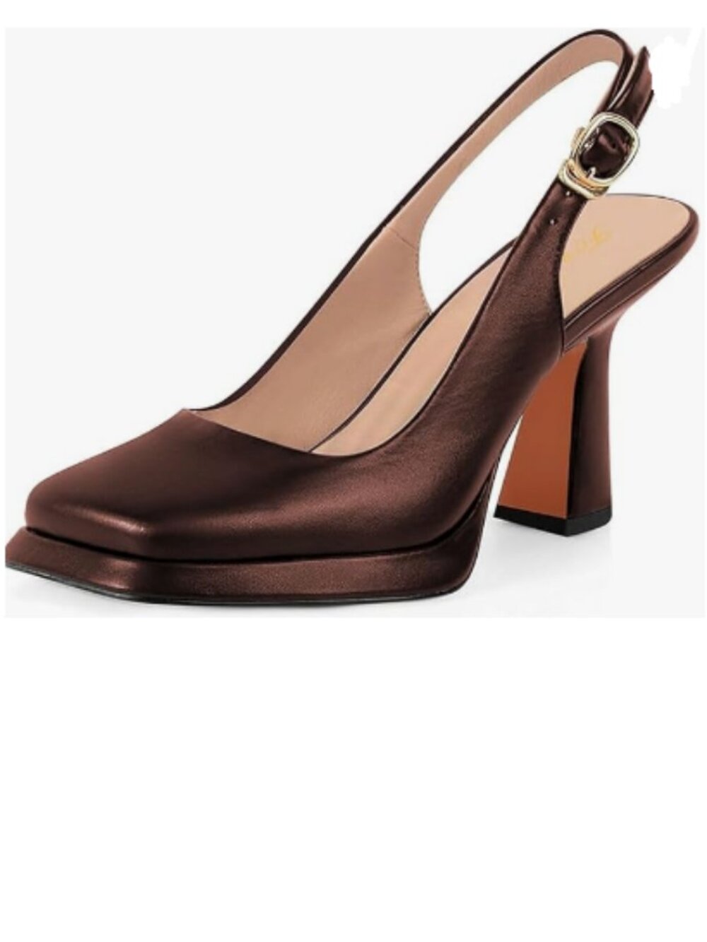 FOWT Brown Platform Square Toe Block High Heels Ankle Backstrap Slingbacks Pumps